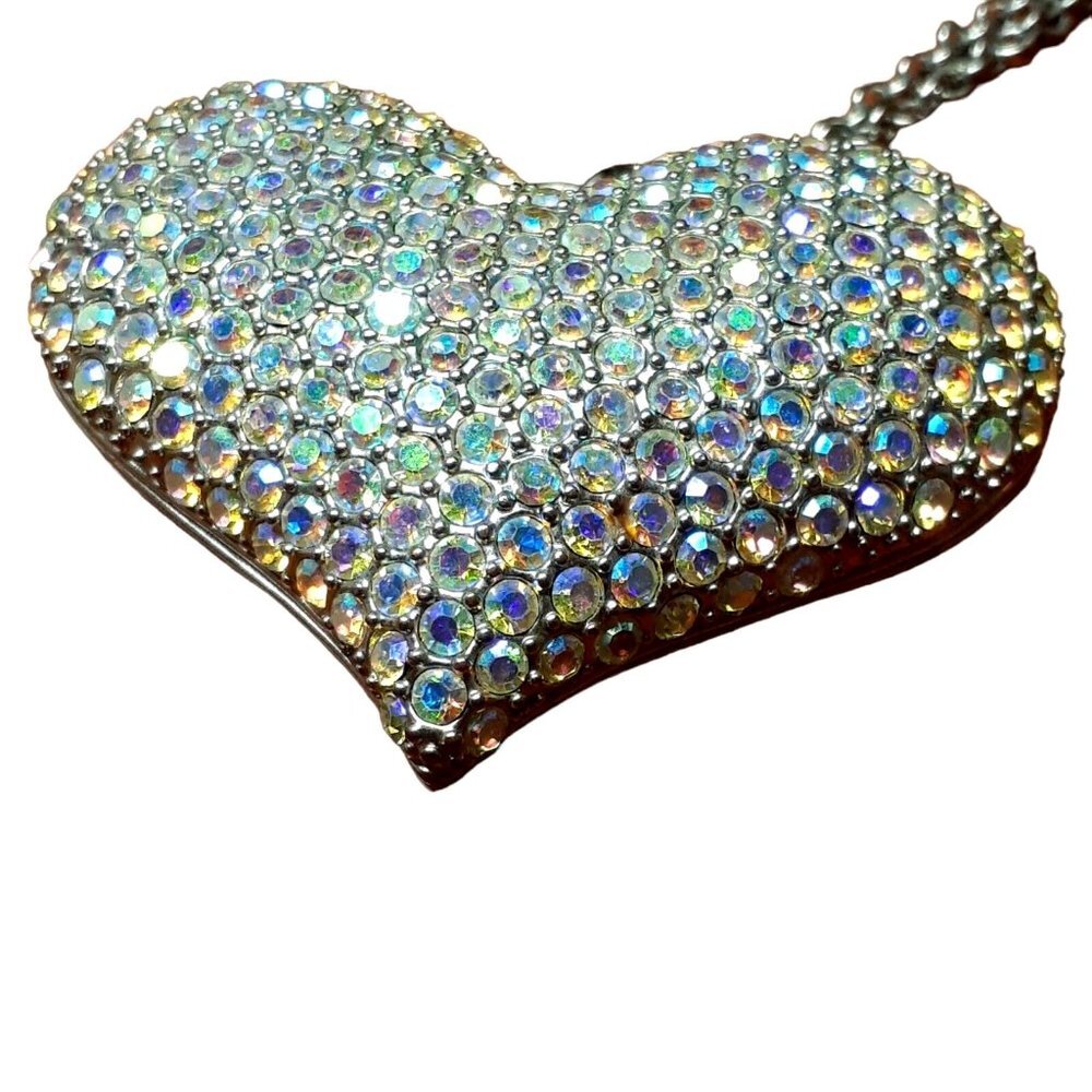 Necklace Rhinestone 3" Pave Heart Long Silver-Tone Chain Cage Back Valentines - Picture 6 of 8